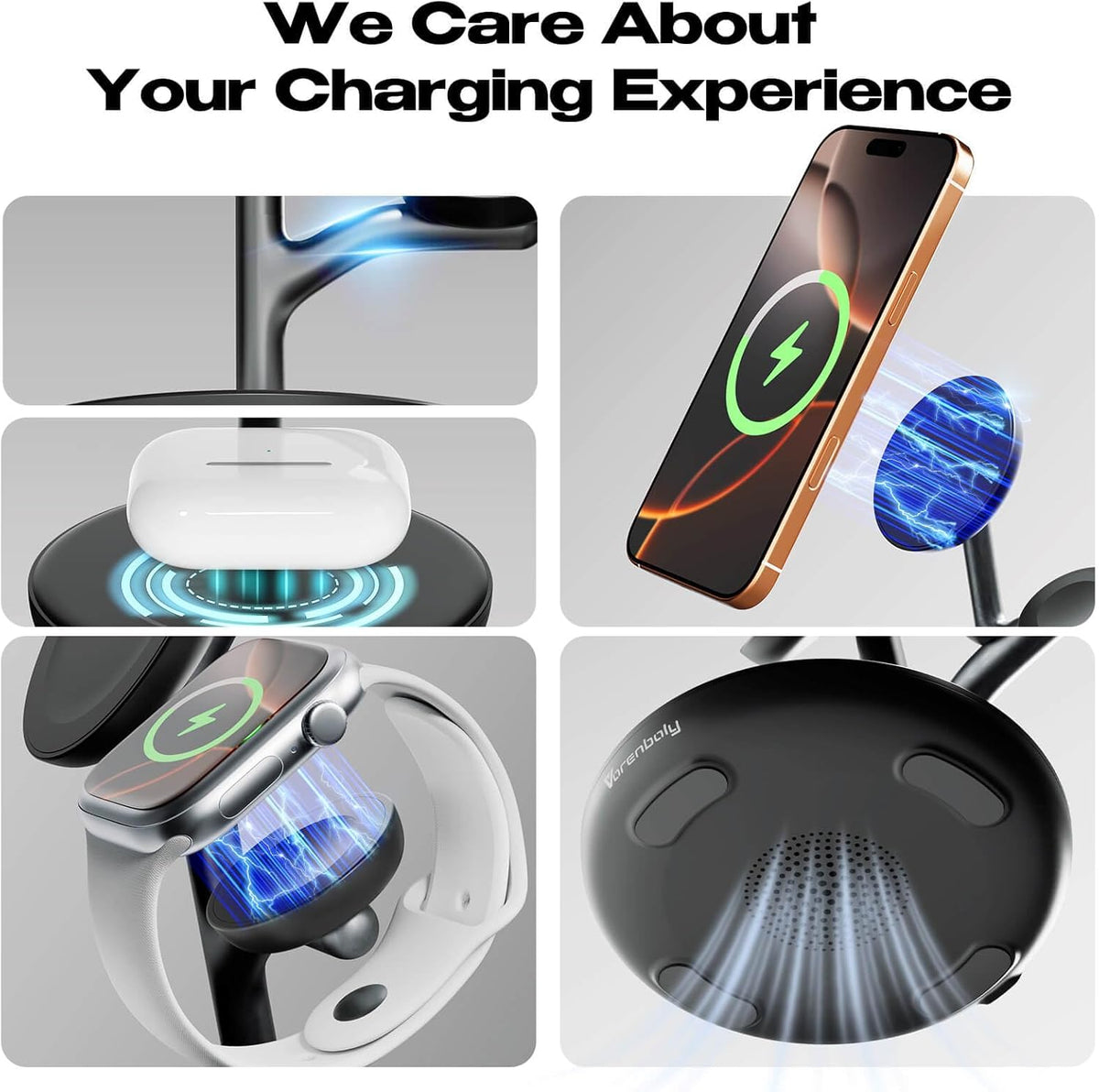 3 in 1 Wireless Charging Station for Multiple Devices Apple Magsafe Charger Stand, Mag-Safe Wireless Charger Dock for iPhone 16 15 14 13 12 Series Apple Watch Airpods Nignt Stand Charging Dock(Black)