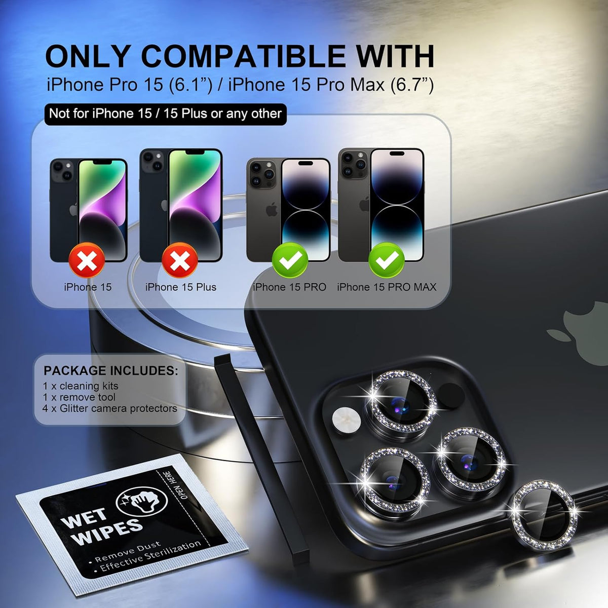 Choiche Compatible for iPhone 15 Pro/iPhone 15 Pro Max Camera Lens Protector Bling, 9H Tempered Glass Camera Cover Screen Protector Metal Ring Decoration Accessories (Glitter-Black)