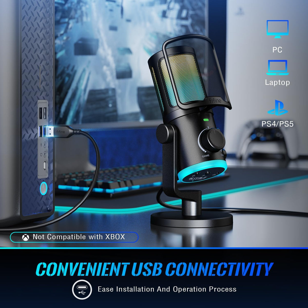 FIFINE Gaming PC Microphone, USB Streaming Microphone with Game Chat Balance, Computer Condenser Desktop RGB Mic with Mute Button, Noise Cancellation for Podcast/Twitch/Discord-AMPLIGAME AM6
