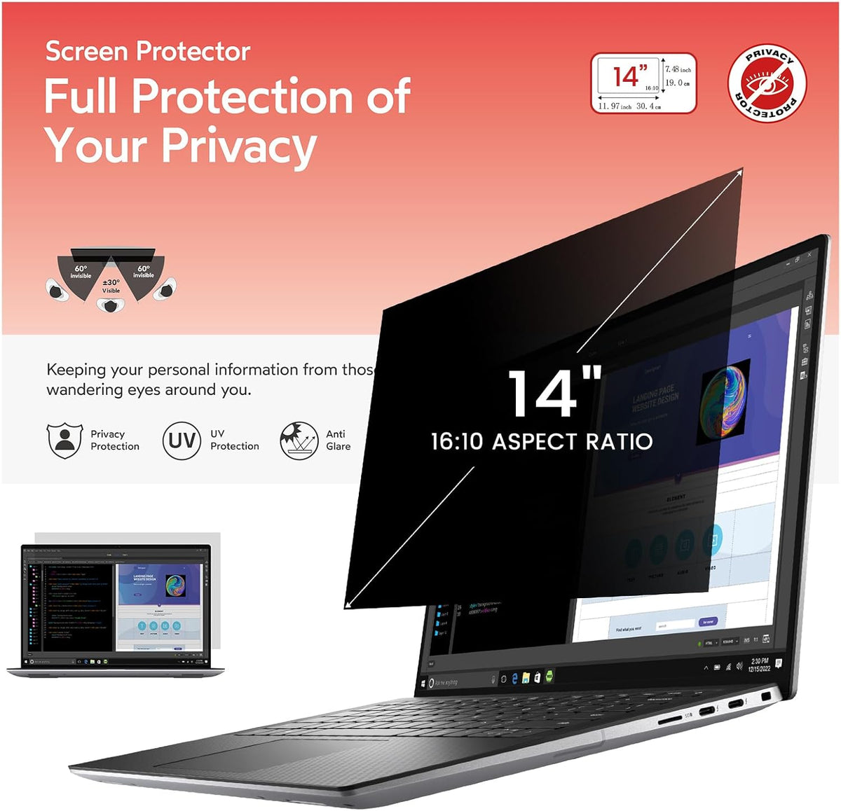 BERSEM 14 Inch Laptop Privacy Screen for 16:10 Ratio Computer Monitor, Removable Anti Glare Blue Light Filter for Laptop Privacy Screen 14 inch, Anti-Spy, Anti-Scratch, UV-Blocking