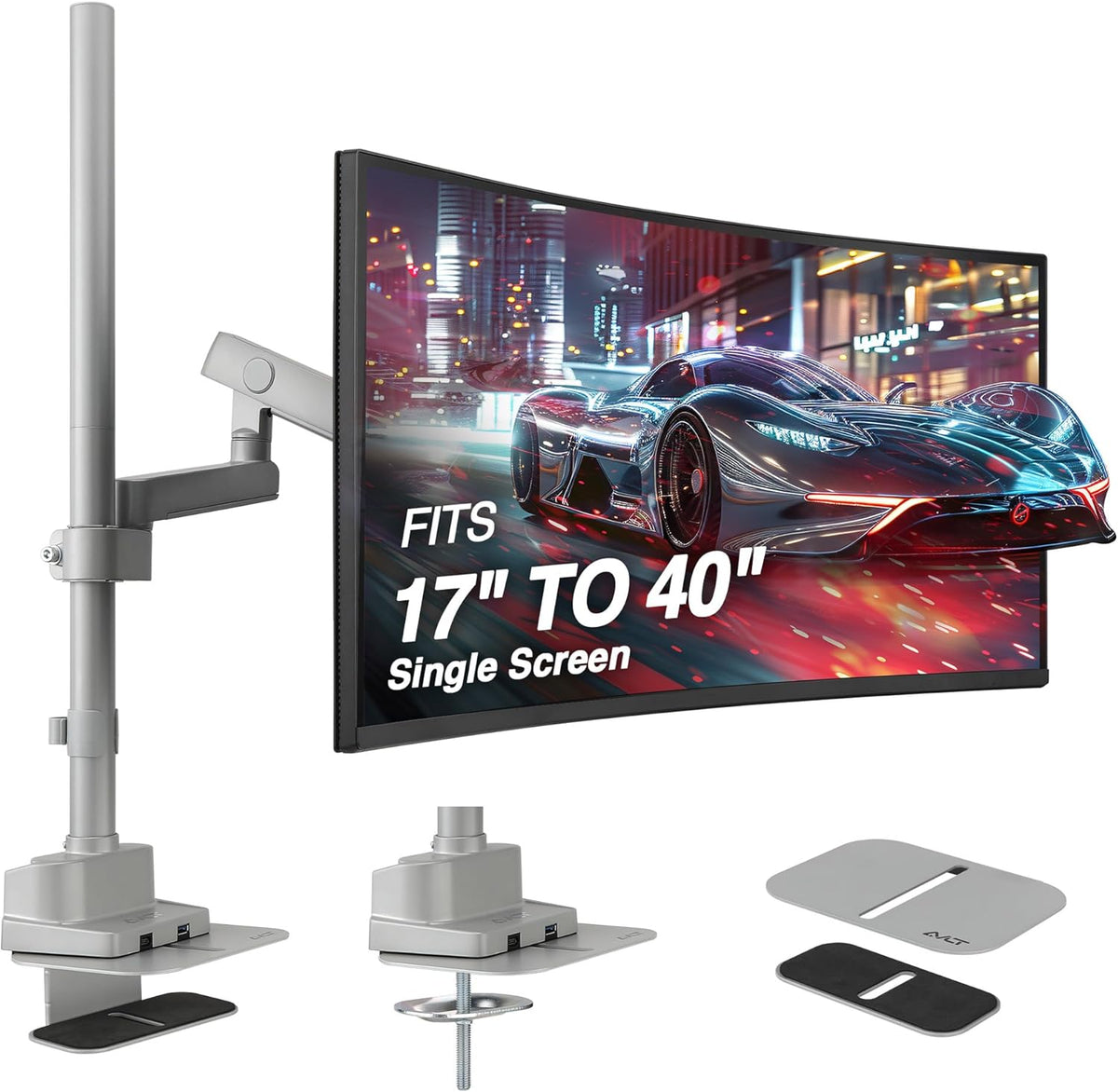 AVLT Single 40 Inch Monitor Arm Pole Top Mount with USB-C USB-A Ports-Gray, Supports 26.4 lbs (12kg), Ultrawide Screen fit, VESA Compatible, Tilt, Swivel, Rotate, Ergonomic Adjustable Height, Durable
