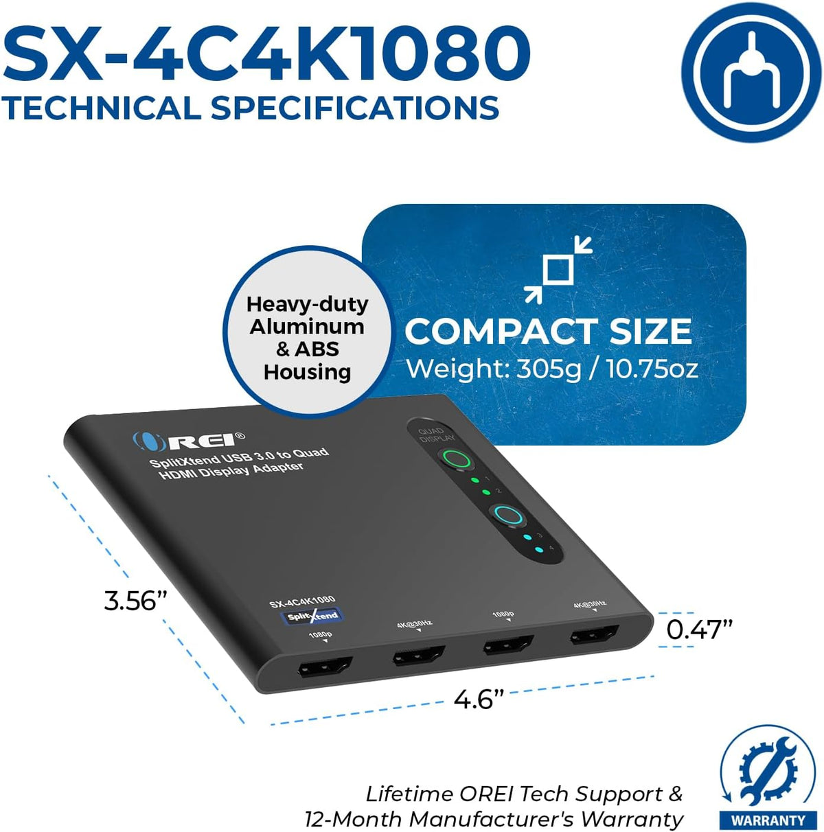 OREI SplitExtend HDMI Splitter Extended Display for Quad Monitor - Multi-Monitor Display 5 Separate Screens - USB-C Adapter to HDMI 2.0, 4K@30Hz Outputs - Windows and Mac Compatible