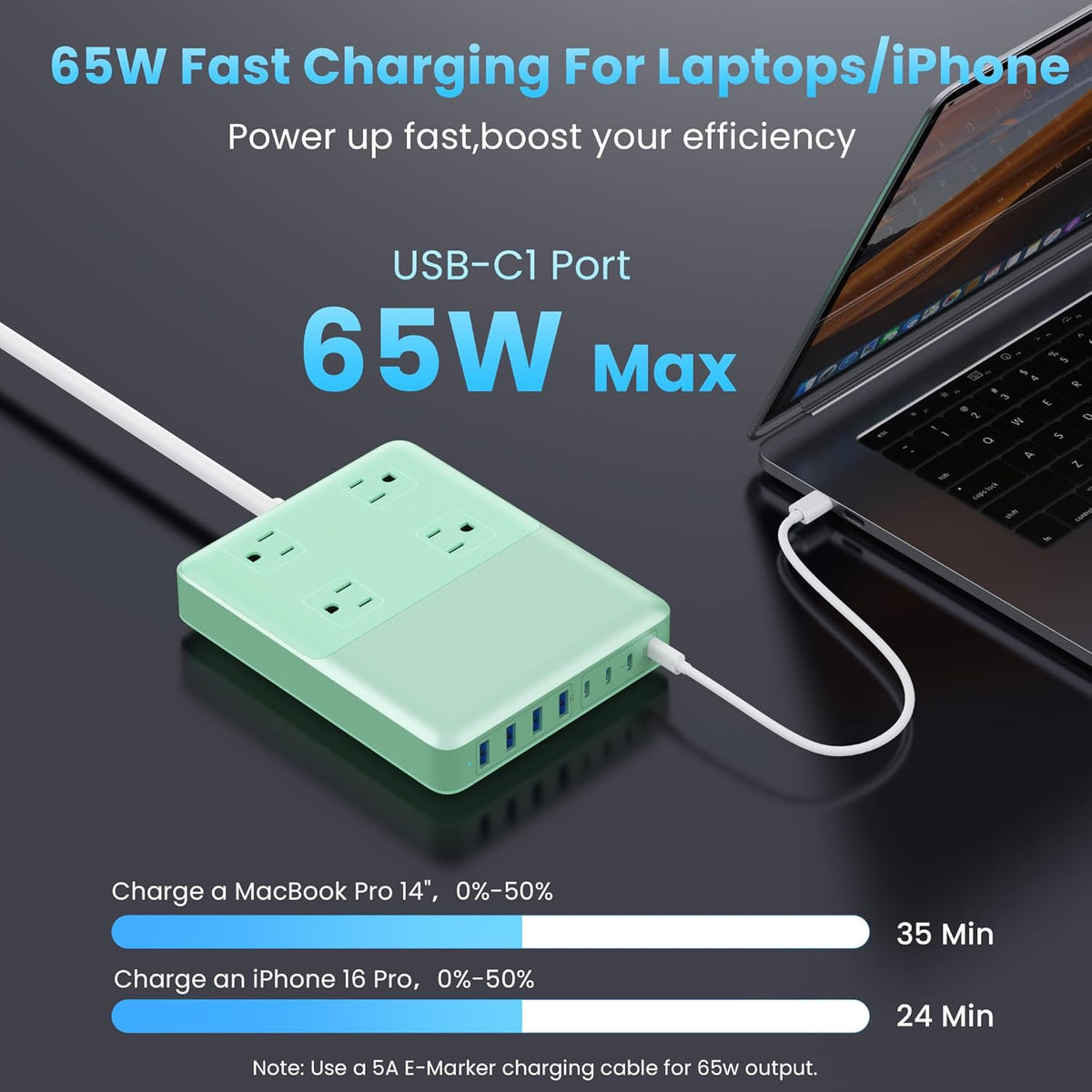 12-in-1 Charging Station USB C Power Strip with 5ft Cord,200W GaN IV USB C Charger Block,4 AC Outlets,4 USB-A,4 USB-C for MacBook,iPhone 16/15/14,Fast Charging Desktop Charger for Office (Green)