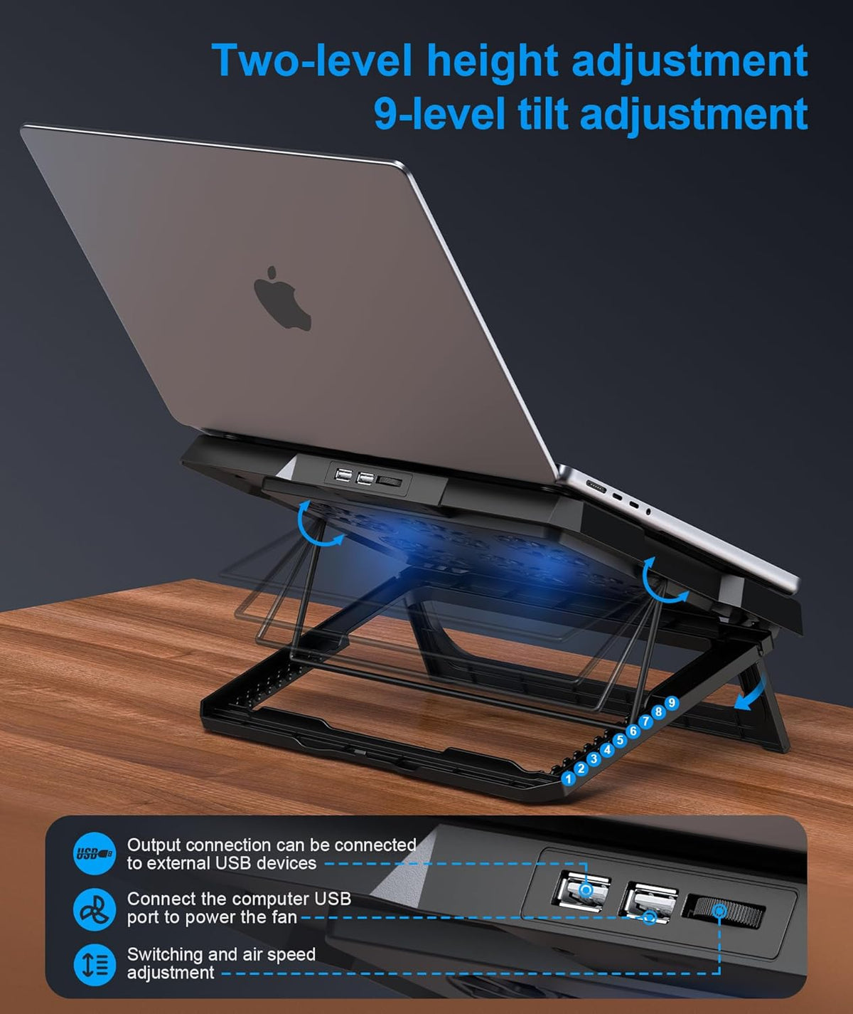 Laptop Cooling Pad, Laptop Cooler with 6 Quiet Fans Up to 17.3 Inch Heavy Notebook Cooler Stand, 8 Levels of Tilt, Two Levels of Height Adjustable (Black)