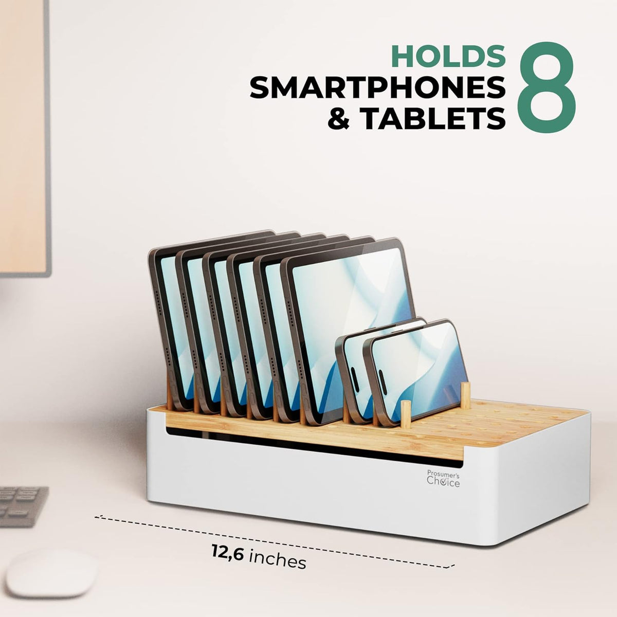 Prosumers Choice Bamboo Charging Station for Multiple Devices - Wooden Charger Organizer with Removable Dividers for Phones, Tablets, and Laptops - 11 Inch Cable Organizer Box - Space-Saving Desk Dock