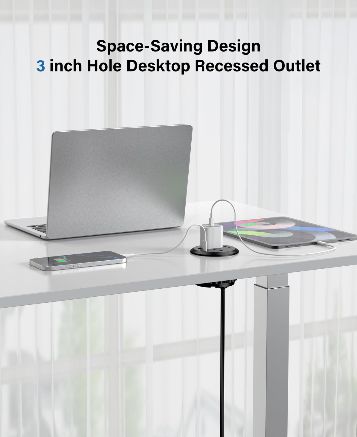 Jgstkcity 65W USB-C Hidden Desktop Power Grommet: 1 AC Outlet,8 USB Charging Ports,3'' Hole Flush Mount Pop-Up Power for Conference Tables & Nightstands (Black, 6 FT)