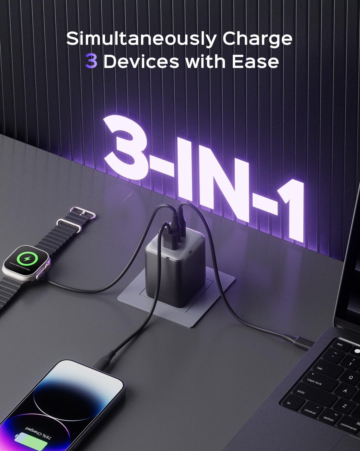 100W USB C Charger Block, 3-Port Compact Foldable Power Adapter USB Wall Charger for MacBook Pro/Air, Dell XPS, iPad Pro, iPhone Series, Galaxy S25/S24, and More (Black)