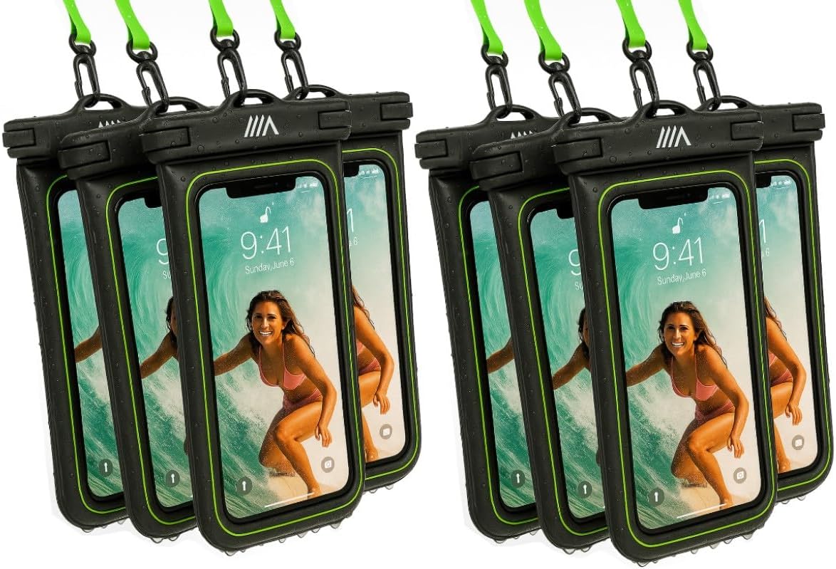 【2025 Upgraded】 8 Pack Black - IP68 Waterproof Phone Pouch Floating Design No Sink Waterproof Phone Case - Beach Pool Travel Essentials - Works w/All Phones - Detachable Lanyard - Black/Hi-Vis Green