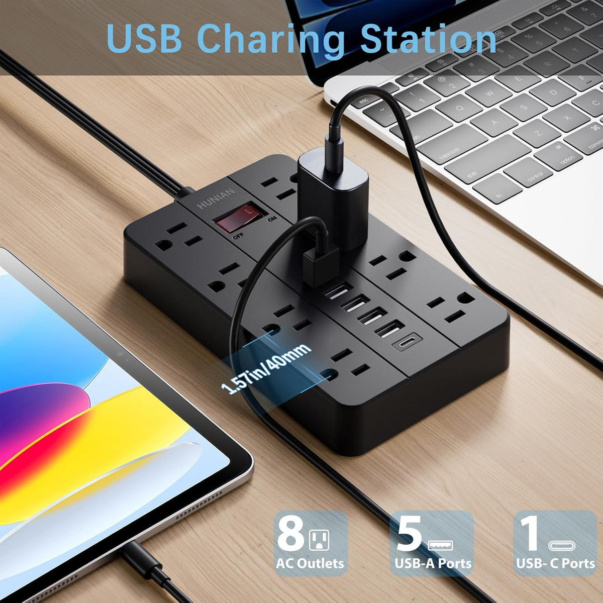Power Strip with USB Ports, HUNIAN 5 Ft Extension Cord Flat Plug with 8 Outlets, 6 USB Charger(1 USB C Port), Indoor Desk Charging Station Surge Protector for Home and Office Accessories, Black
