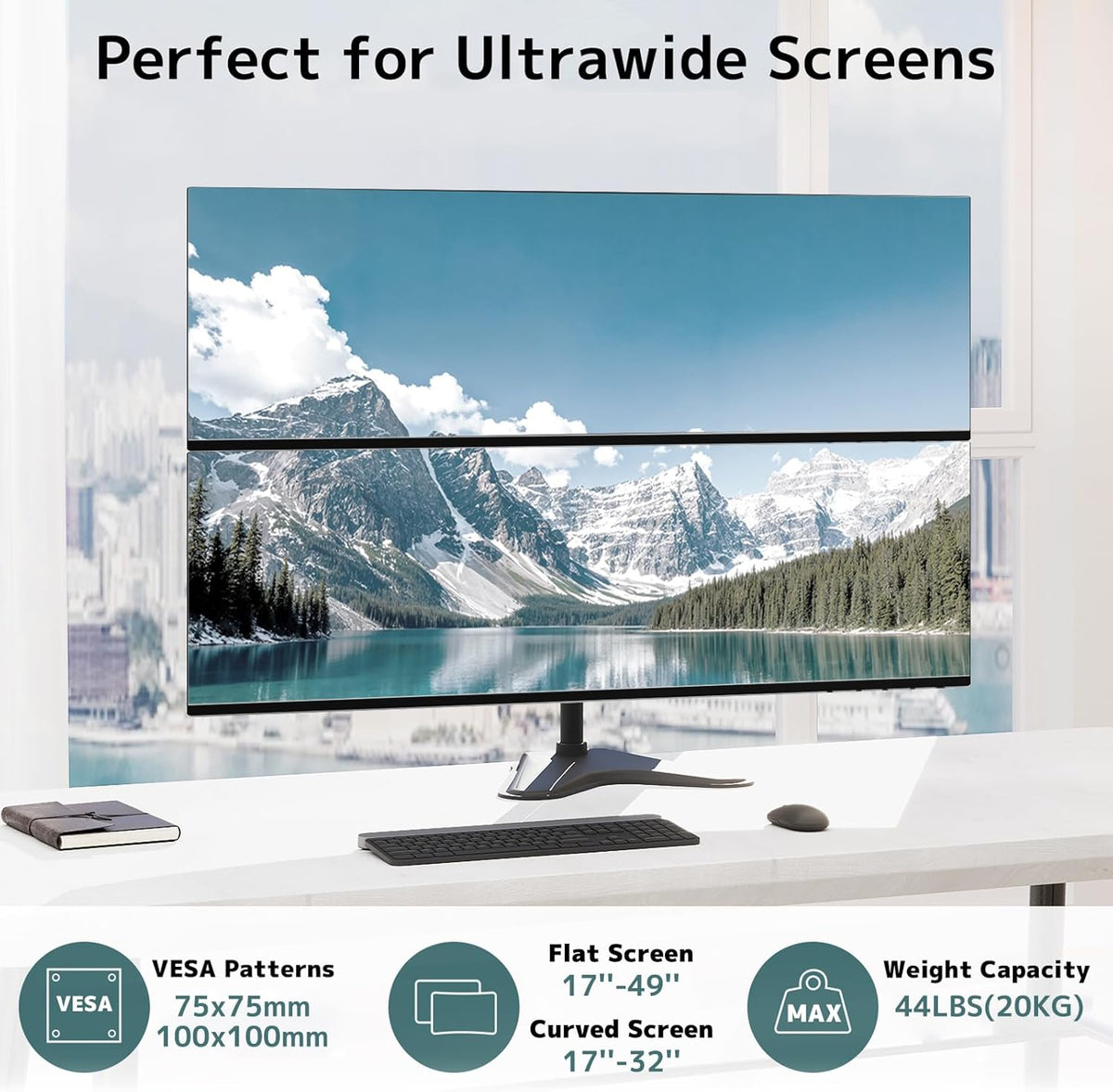 Dual Monitor Stand Heavy Duty - 17-49 inch Freestanding Vertical Dual Monitor Arm, Adjustable Stacked Double Monitor Desk Mount, Max Load 44 lbs (per Screen), VESA 75/100 mm, Black