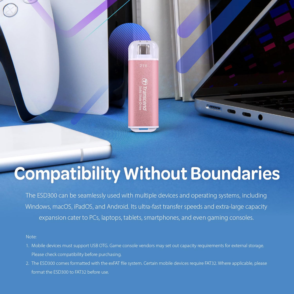 Transcend 2TB External SSD, USB 3.2 Gen2, Up to 1,050MB/s, Portable SSD with Type C, for Steam Deck, ROG Ally, MSI Claw, Windows & Mac, iPhone, iPad, Android, PS5, Xbox, Smart TV, Pink
