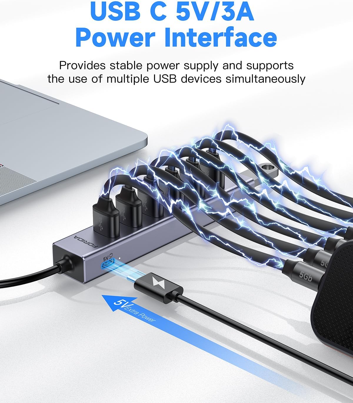 FORIDA USB C to USB Hub, 8 Ports USBC HUB with 7 USB 3.0 Data Ports, Aluminum Alloy Shell USB Splitter with USB C 5V/3A Power Port for Laptop PC and More