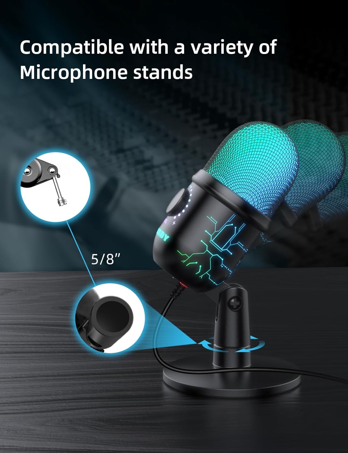 Gaming Microphone, USB Computer Microphone for PC, Mac, PS4/5, Condenser Podcast Mic for Studio Recording, YouTube, Streaming, with Headphone Jack, Led Light, Mute, Gain, Noise Cancellation