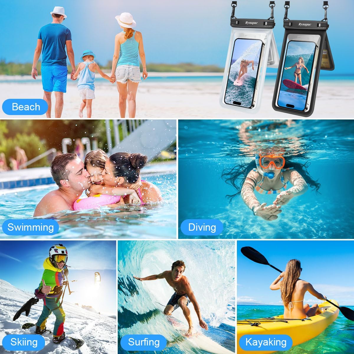 Double Space Waterproof Phone Pouch, 2 Pack Waterproof Phone Case with Lanyard for iPhone 16 15 Pro Max Galaxy S23 Pixel 7a up to 8.5’’, Cellphone Dry Bag for Beach Vacation Travel Cruise Essentials