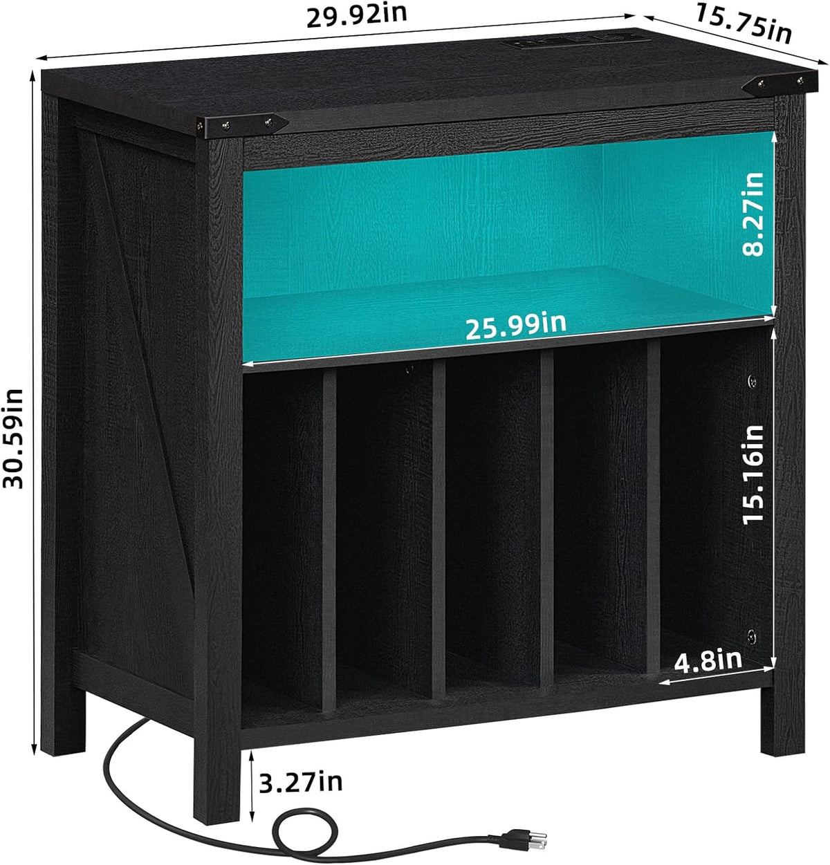 Large Record Player Stand with Charging Station & LED Lights, Vinyl Records Storage Holder Cabinet Holds up to 230 Albums, Turntable Stand for Music Room, Bedroom, Living Room, Office (Black)