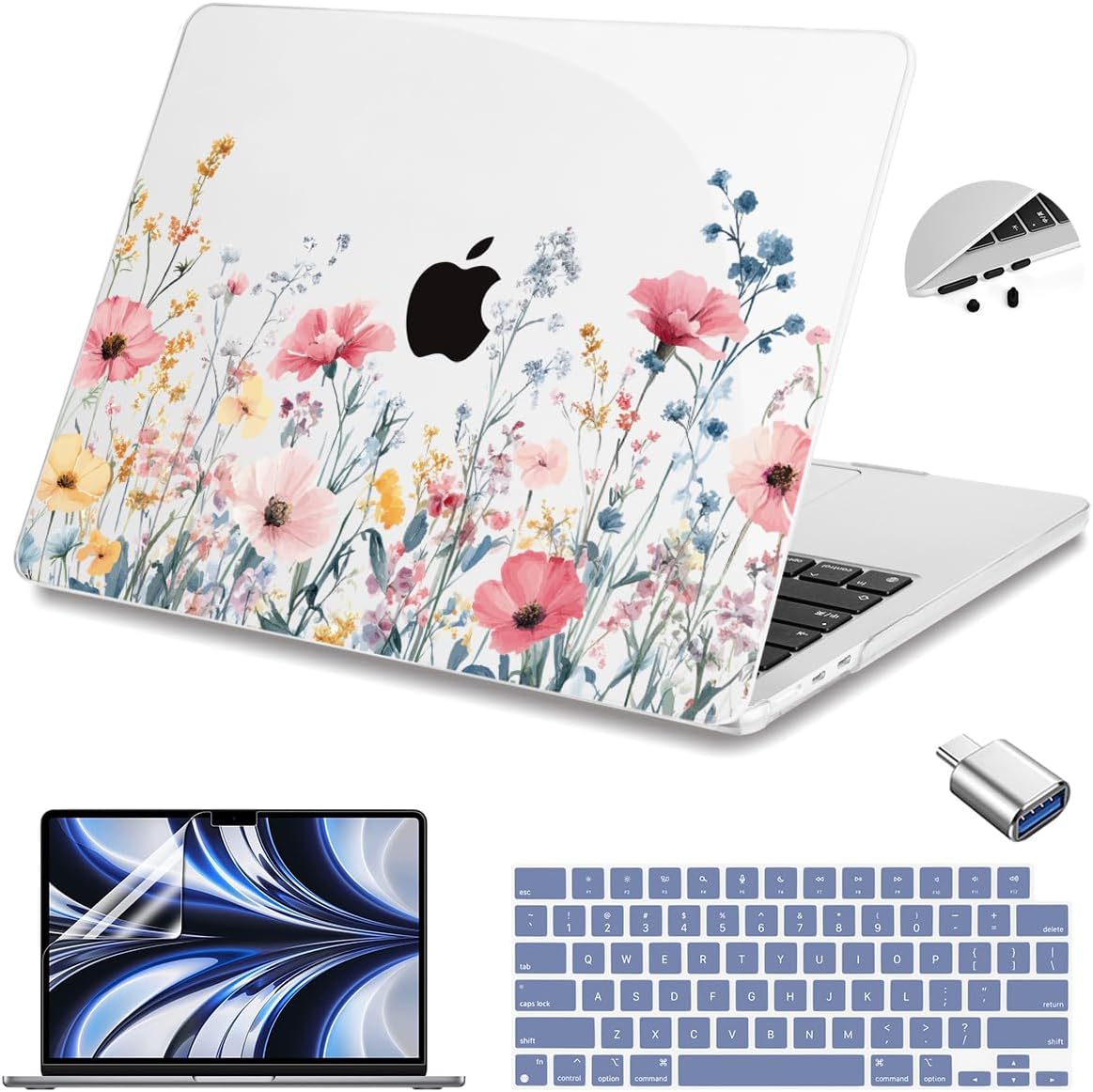 Teryeefi for MacBook Air 13.6 inch Case M4 A3240/M3 A3113/M2 A2681 (Released 2025 to 2022), Hard Shell + Keyboard Cover+ Screen Protector+Dustplug + Type-C Adapter, Wild Flowers A010