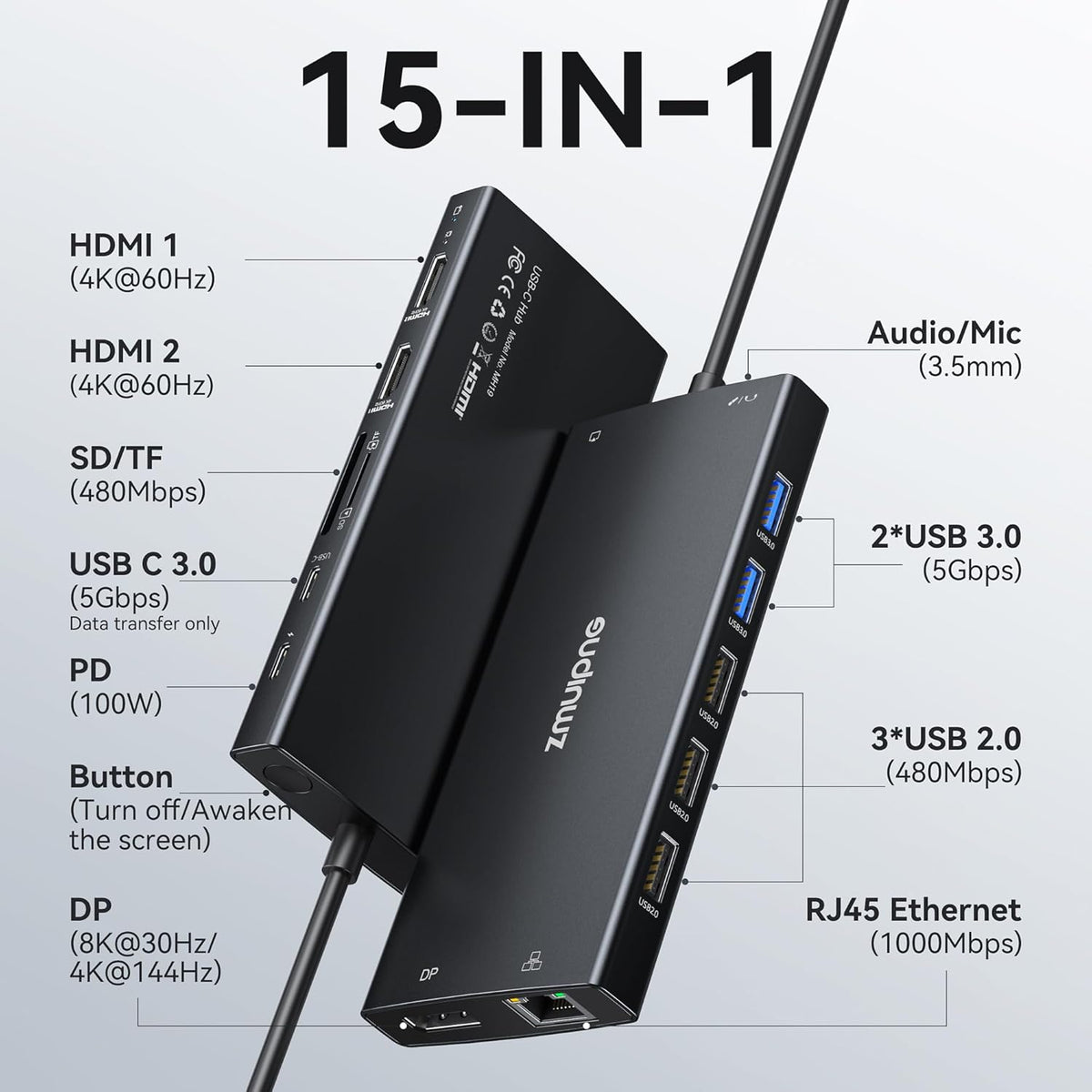 USB C Hub USB C Docking Station Dual Monitor 4K@60Hz+DP 8K@30Hz for Dell HP, Laptop Docking Station 3 Monitors 15 in 1 USBC Dongle Multiport Adapter with USB A Port+Button+PD+Ethernet+SD/TF+Audio