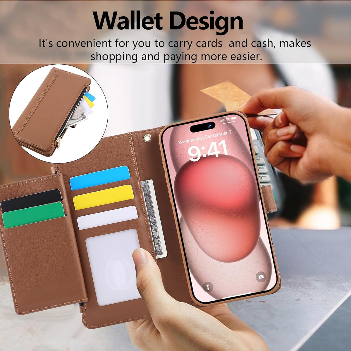 Compatible with iPhone 15 Wallet Phone Case-PU Leather Magnetic Flip Cover with Credit Card Slots,Zipper Pocket & Detachable Wrist Strap,Shockproof Design,for Women and Men-Brown