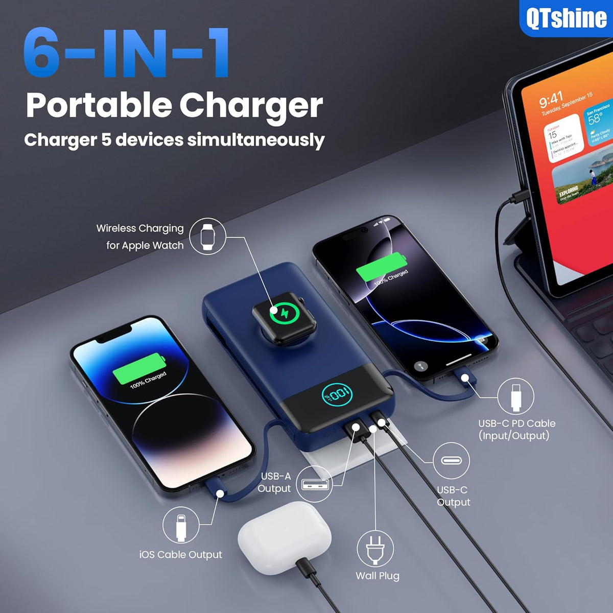 Portable Charger 40800mAh Power Bank with Built-in Cables,Wall Plug and iWatch Charger,6-in-1 QC4.0+25W PD USB C Fast Phone Charging,LCD Display Battery Pack for iPhone 16/15,Apple Watch,Galaxy-Navy
