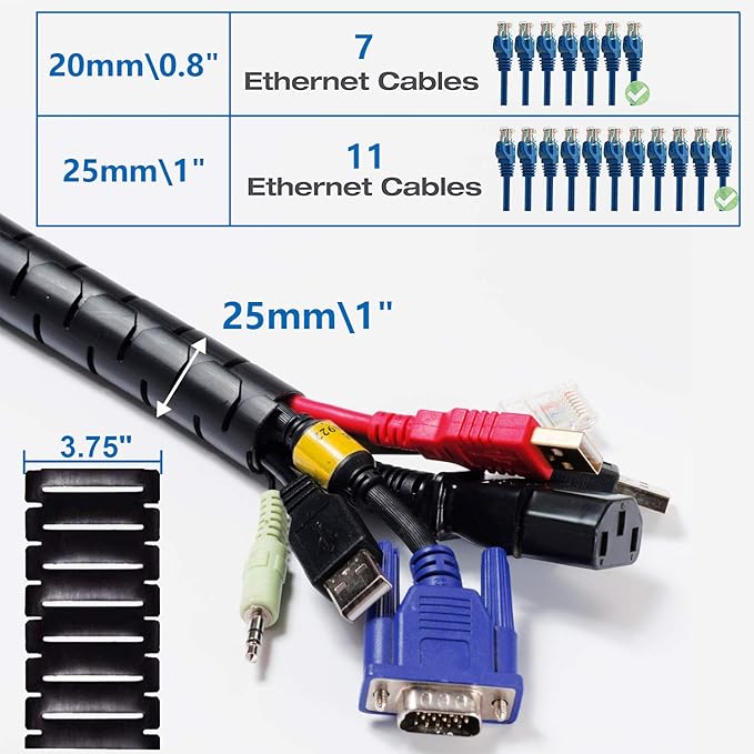 10FT Cable Management Sleeve EZ Cord Bundler 1" Diameter w/Zip Clip Zipper Wire Wrap Cord Organizer Cable Tube Hider Flexible & Expandable Home & Office Wire Concealer for PC TV Computer Cinema