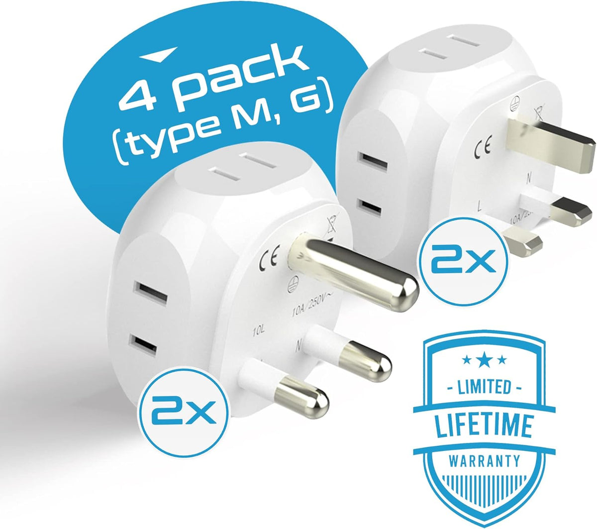 Ceptics South Africa Travel Plug Adapter Set - 4 Input - Ultra Compact - Light Weight - Type M and Type G - USA to Any Type M Countries Such as Botswana, Namibia - 4 Pack (PT-7-10L-4PK),White