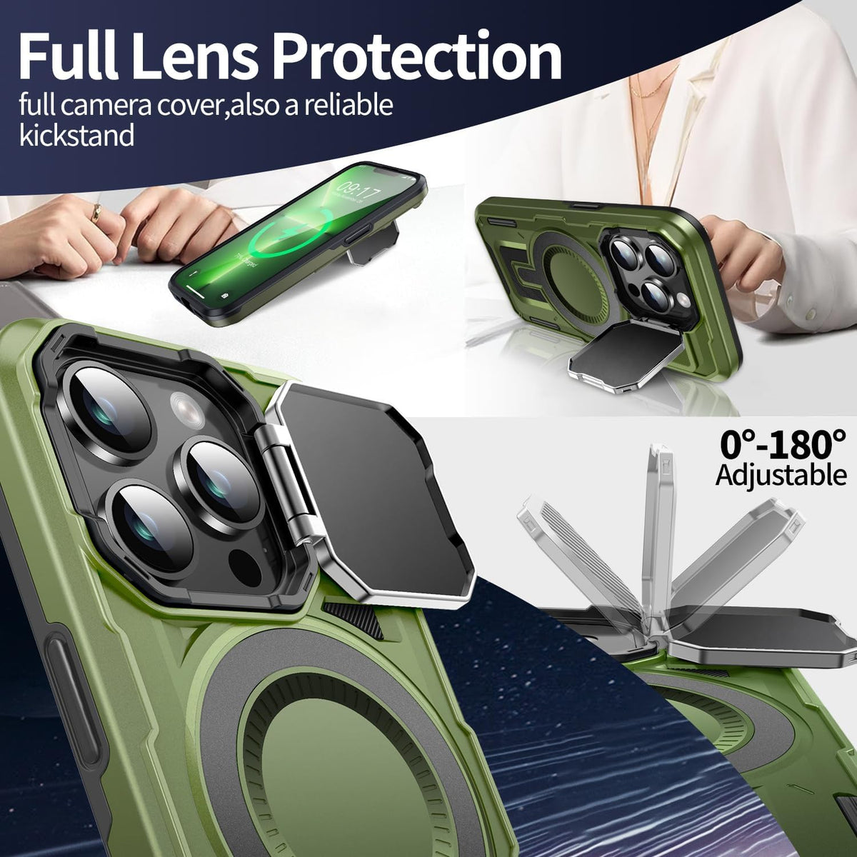 Camera Stand Case for iPhone 13 Pro, [Compatible with Mag Safe] [Lens Cover] 2024 Version Military Grade Protective Soft Case for iPhone 13 Pro 6.1 inch Men Women, Green