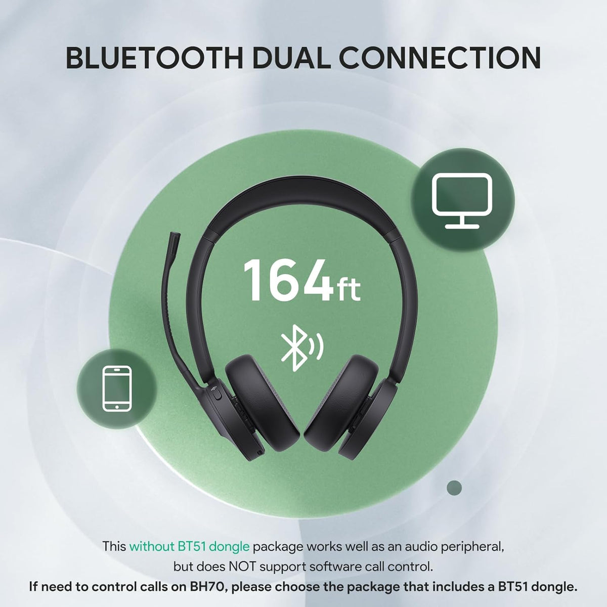 Yealink BH70 UC (NO Dongle) Wireless Bluetooth Headset with Microphone for Work, 35h Talking Battery Life, 3-Mic Noise Cancellation Headsets for Computer, 147g Lightweight Headphone for Open Office