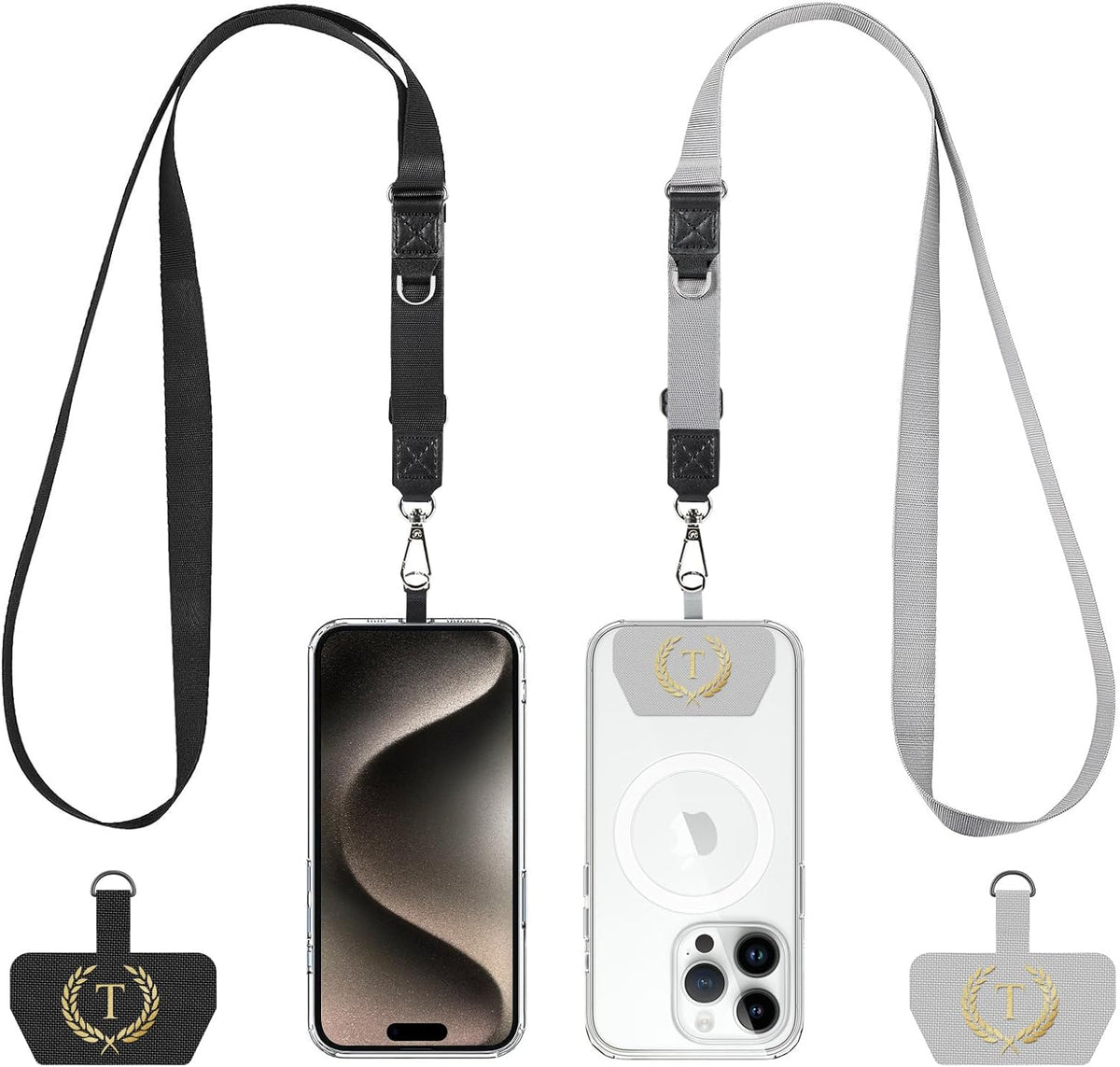 Phone Lanyard 2 Pack, Adjustable Cell Phone Multifuctional Patch Lanyards,Compatible with Most Smartphones and Wallets Keys ID Badges Travel Essentials(Black+Gray) (Lanyard Letter Sign T)