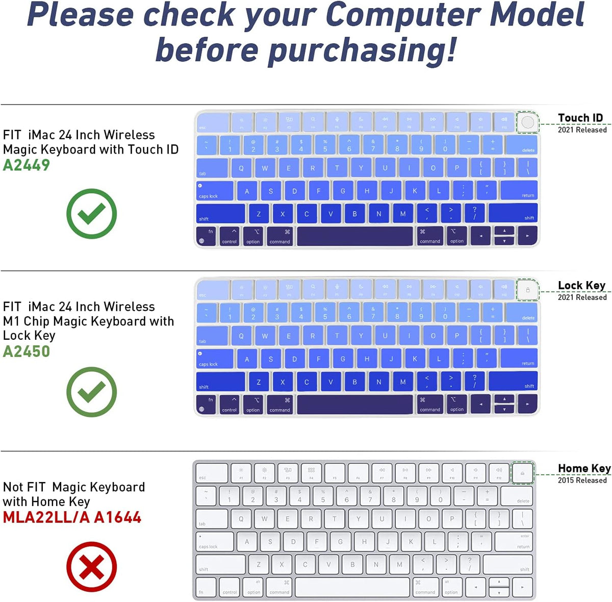 Allinside Silicone Keyboard Cover for iMac Magic Keyboard A2449/A2450, Protective Skin for iMac 24" Wireless Keyboard Released in 2021, US Layout, Ombre Blue