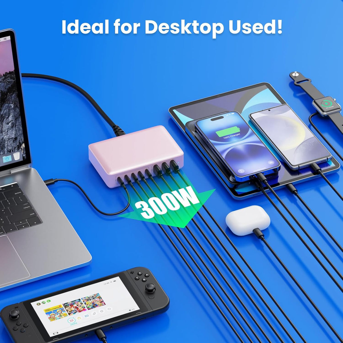USB C Charger 300W USB C Charger Block 8-Ports GaN IV Fast Charging Station,PD 100W Laptop Charging Hub Wall Adapter Compatible with MacBook/Air,DELL,Steam Desk,iPhone 16/15/14,Galaxy S24