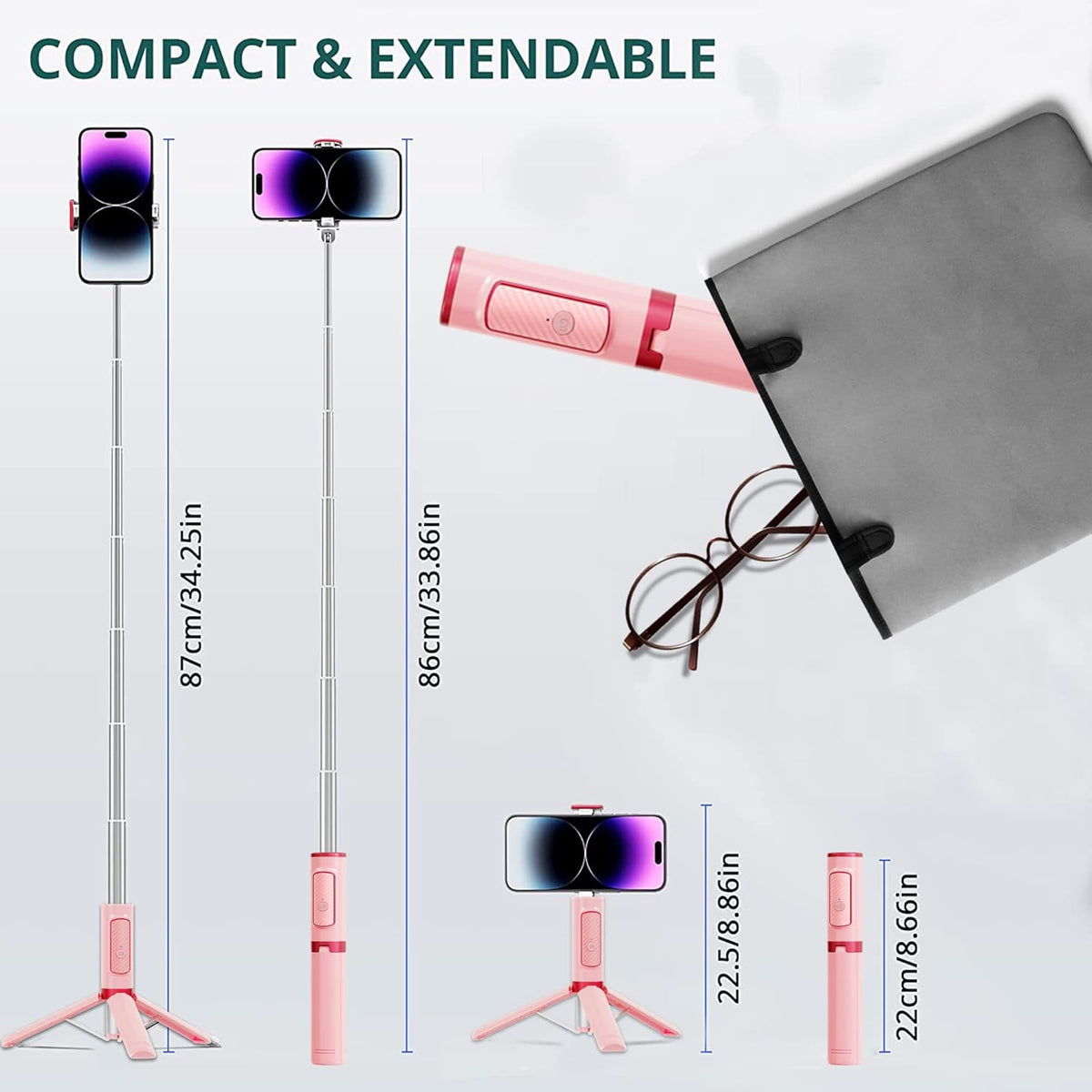 Selfie Stick, Foldable Cellphone Tripod with Remote, Travel Tripod for iPhone Series Android, Video Recording - Pink