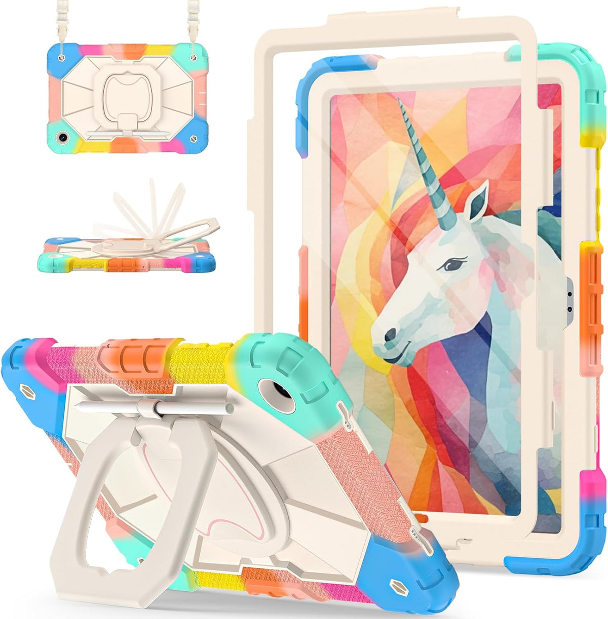 for Galaxy Tab A9 Plus Case 11 Inch, Rugged Case for Samsung Galaxy A9+ Tablet with Screen Protector 360 Rotating Stand Shoulder Strap Pen Holder, 2023 Model(SM-X210/X216/218), Rainbow