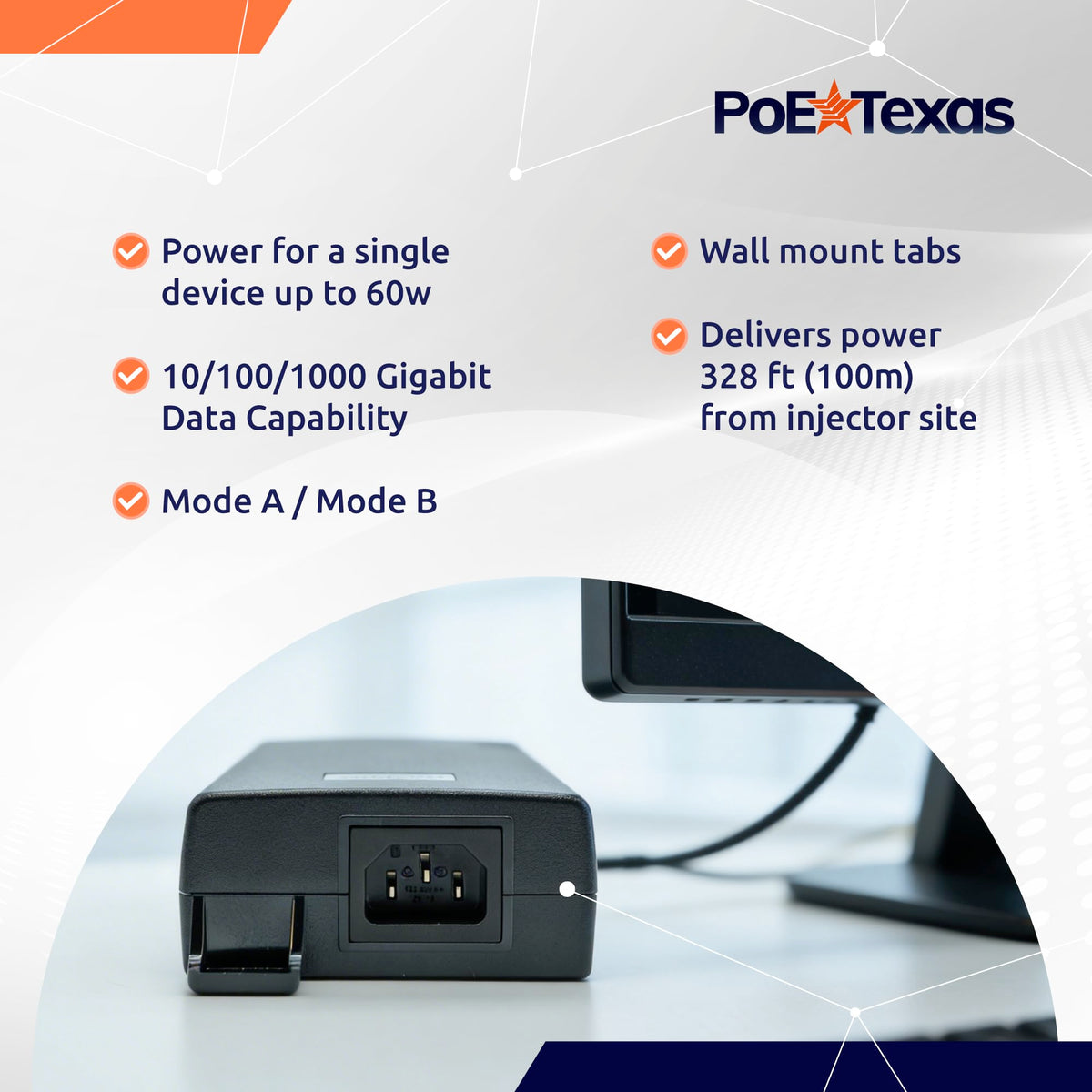 Poe Texas PoE Injector - 802.3bt PoE++ Single Port 4 Pair Power Over Ethernet Injector - 6KV Surge Protection - Active PoE Adapter 55V 60W Output