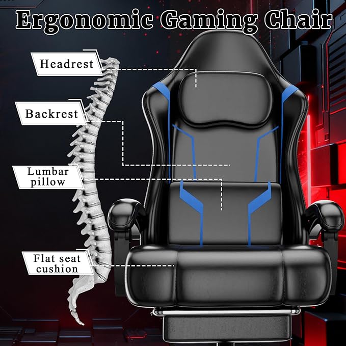 Ergonomic Gaming Chair Video Game Chair with Pocket Spring Cushion and Footrest Height Adjustable Computer Chair with Swivel Seat and Headrest (Blue)