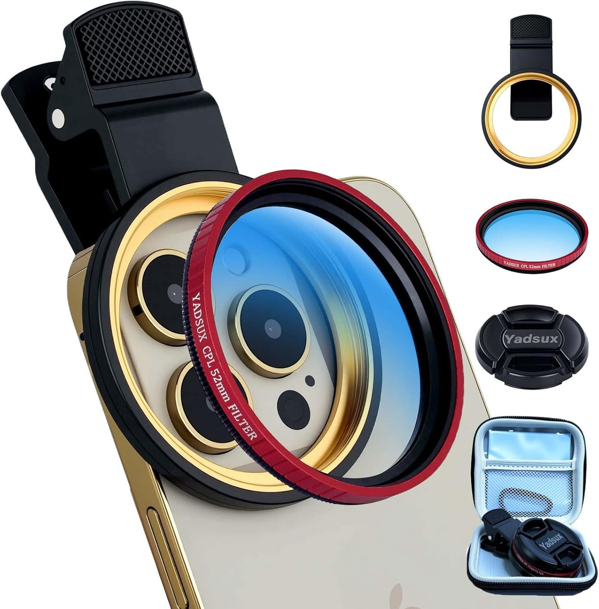 52mm Phone CPL Polarizer Lens Filter Kit, iPhone Camera Attachment, Compatible with iPhone 12-16 Pro/Pro Max (Red Filter)