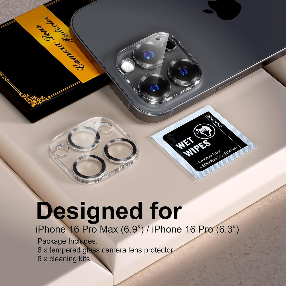 beuxece for 6 Pack iPhone 16 Pro/iPhone 16 Pro Max Camera Lens Protector [Drop Protection] [Case Friendly] [Easy Installation] 9H Tempered Glass Camera Screen Protector Cover, CD Black
