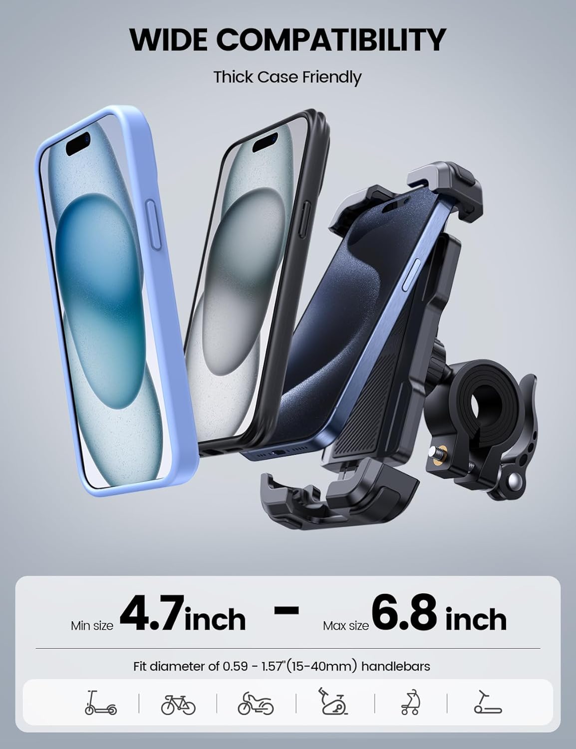 Lamicall Bike Phone Mount Holder - Motorcycle Phone Mount, Adjustable Cell Phone Holder, Bicycle Scooter Handlebar Cradle Clip for iPhone 16 Pro Max/Plus, iPhone 15 Plus, iPhone 14 and 4.7-6.8" Phone