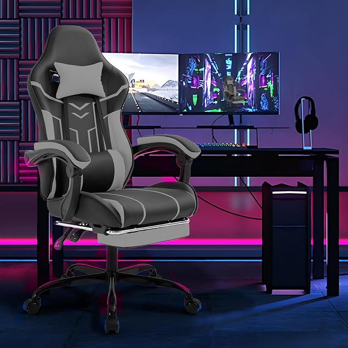 Black 360° Swivel Gaming Chair Ergonomic Heavy Duty 330lbs Office Chair with Footrest and Massage Lumbar Support Height Adjustable High Back Reclining Gamer Chair with Headrest (Black)