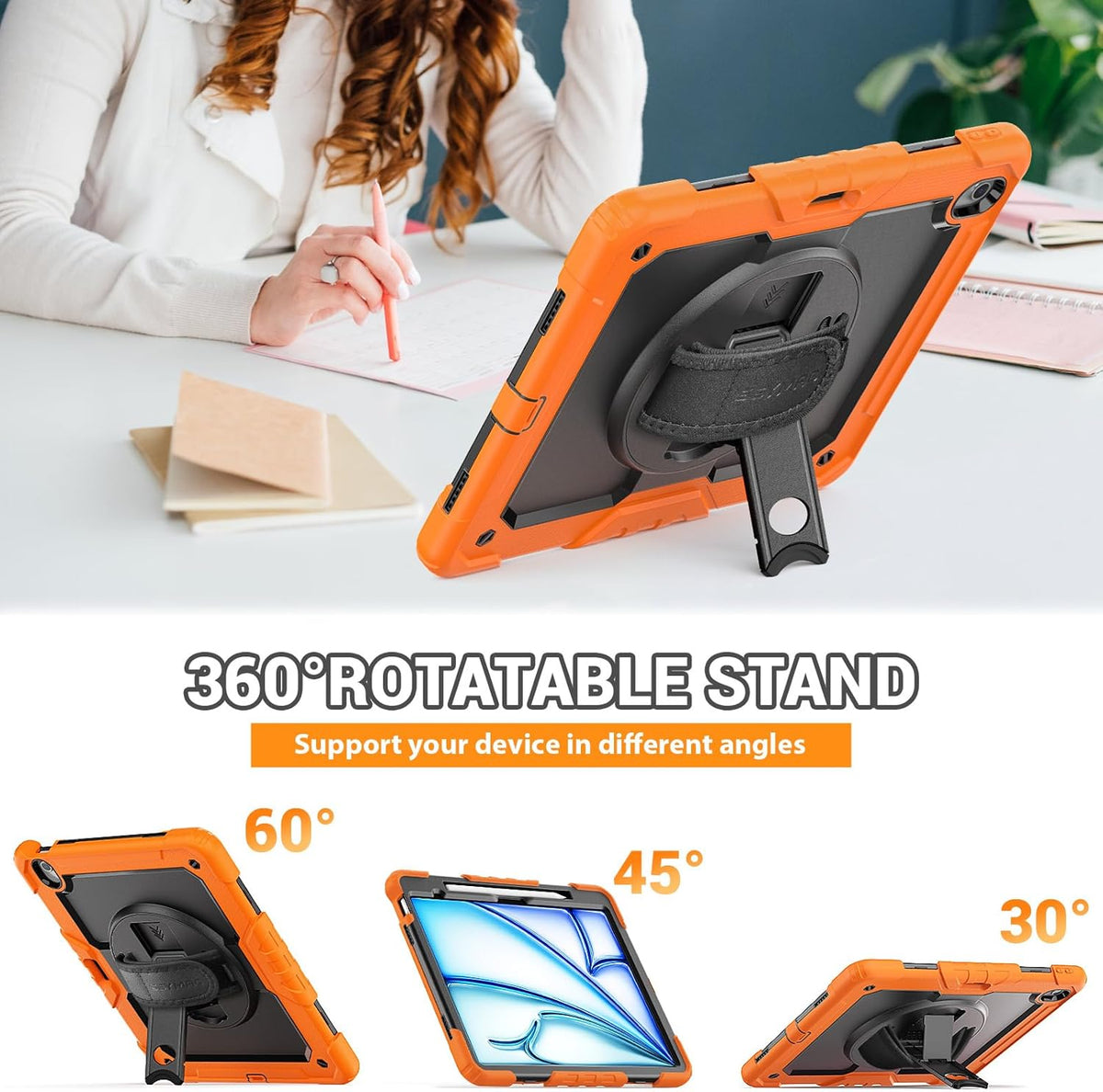 SEYMAC for iPad Air 13 Inch Case M3 2025/ M2 2024, Heavy Duty Shockproof Protective Case with Screen Protector, 360° Rotating Stand, Hand/Shoulder Strap and Pen Holder for iPad Air 13, Orange