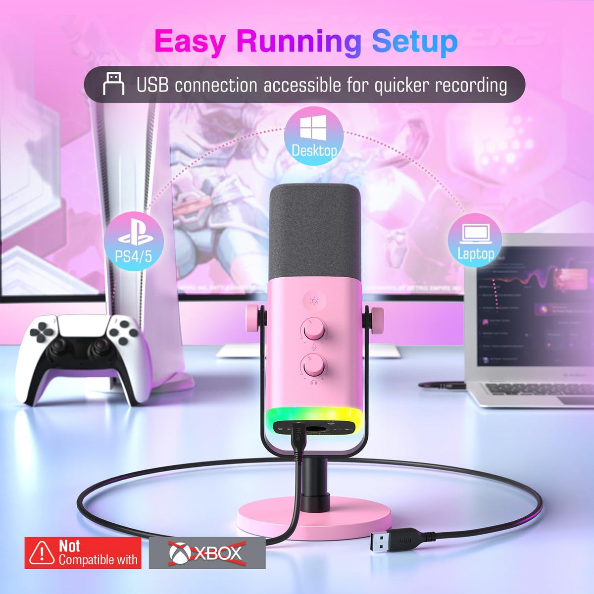 FIFINE XLR/USB Microphone, Gaming Recording PC Microphone with Headphones Jack, Mute Button, Dynamic RGB Mic for Computer, Streaming Mic for Podcasting Voice-Over YouTube Video-AmpliGame AM8 Pink