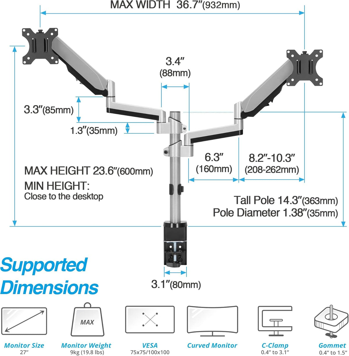 AVLT Dual 13"-27" Stacked Monitor Arm Desk Mount - Fits Two Flat/Curved Monitors, Full Motion Height Swivel Tilt Rotation Adjustable - VESA/C-Clamp/Grommet/Cable Management