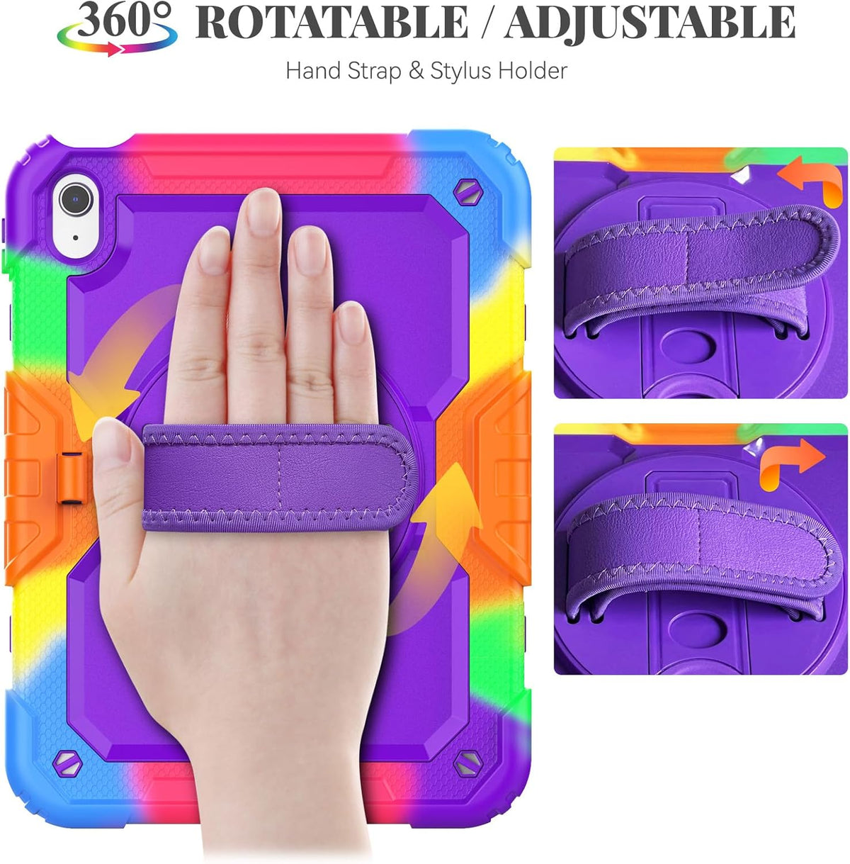 BLOSOMEET Case for iPad A16 11th/10th Generation 11''/10.9'' 2025/2022 with Tempered Glass Screen Protector & Pencil Holder, Rugged Military Grade Cover w/Stand Hand Shoulder Strap, Purple