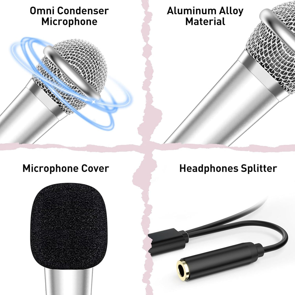 PoP voice 2PCS Mini Microphone for iPhone iPad Small ASMR Tiny Microphone for Video Recording, Singing, Vlogging, YouTube Two Mics Silver and Rose Golden