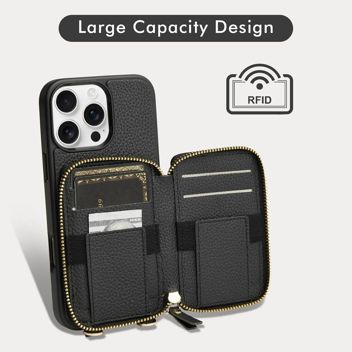LAMEEKU for iPhone 15 Pro Max Wallet Case with Card Holder, Zipper Leather Crossbody Case with Kickstand Wrist Strap Lanyard for Women, Cover Phone Grip Holder Stand 6.7" -Black