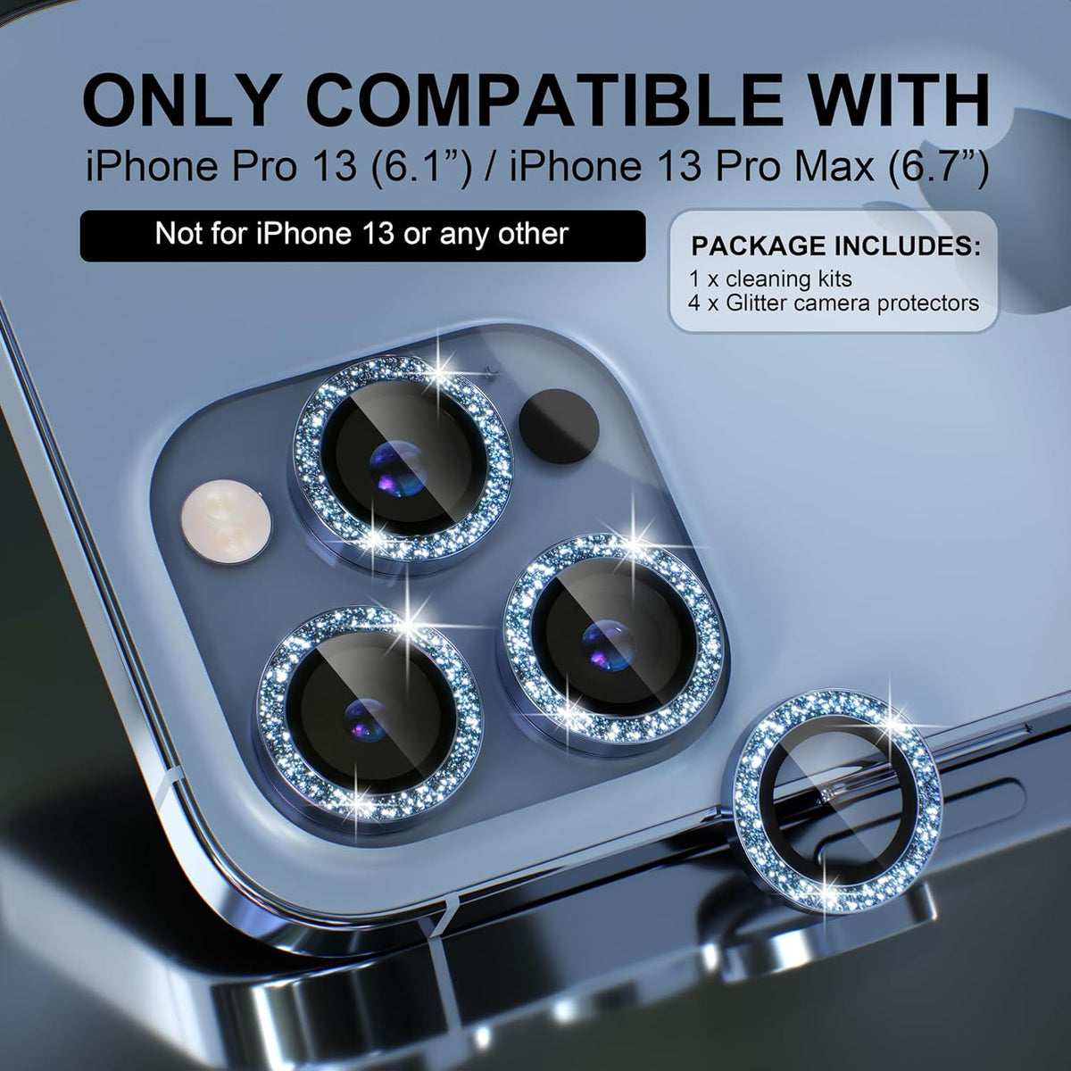 Choiche [3+1 for iPhone 13 Pro/iPhone 13 Pro Max Camera Lens Protector Bling, 9H Tempered Glass Camera Cover Screen Protector Metal Ring Decoration Accessories (Glitter-Sierra Blue)