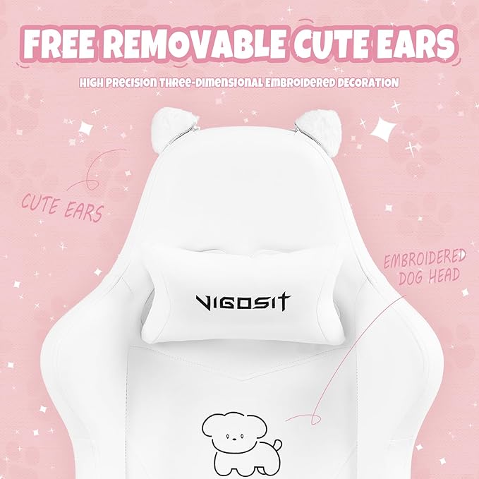 VlGOSlT Cat Ear Gaming Chair with Footrest - Adjustable Lumbar Support 310lbs Capacity.Removable Cute Ears Cotton-Filled Ergonomic Computer Chair for Girls/Teens (White)
