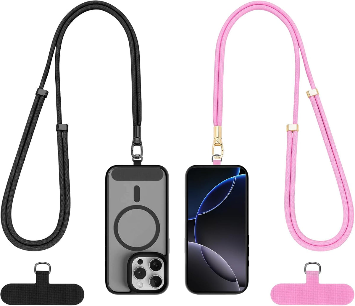 Phone Lanyard 2 Pack, 2x Adjustable Crossbody Phone Strap, 2x Tether Tab, Anti-theft Universal Cellphone Multifuctional Patch Lanyards for iPhone & Most Smartphones, Black + Pink