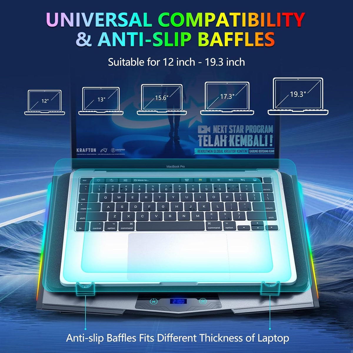 LIANGSTAR Gaming Laptop Cooling Pad, RGB Laptop Cooler with 3 Powerful Turbofans, 5 Height Adjustable Laptop Cooling Stand, 5 Fan Speed Touch Control, Seal Memory Foam for Cooling 12-19.3 inch Laptop