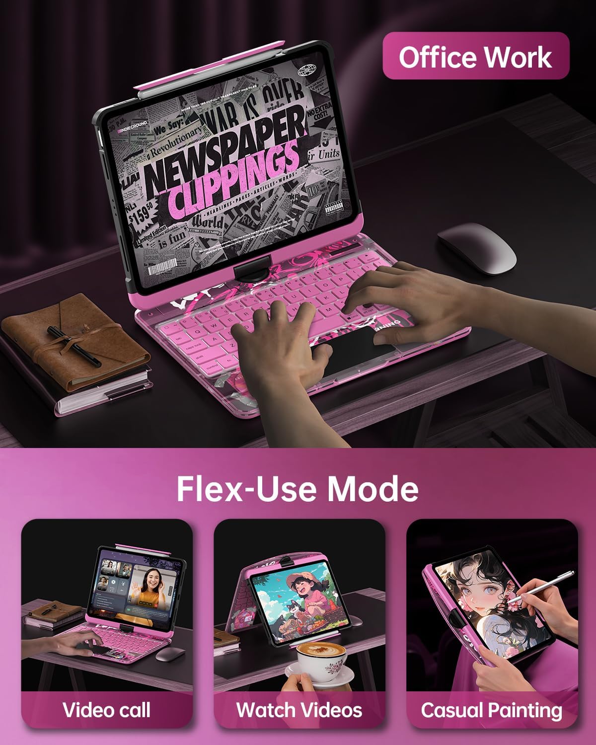 Intermerge for iPad 9th 10.2 inch Keyboard Case, 360° Transparent Multi-Touch Trackpad, 7-Color Backlit Keyboard, Pencil Holder, Type-C, Power Indicator for 9th/ 8th/ 7th - Blush Pulse