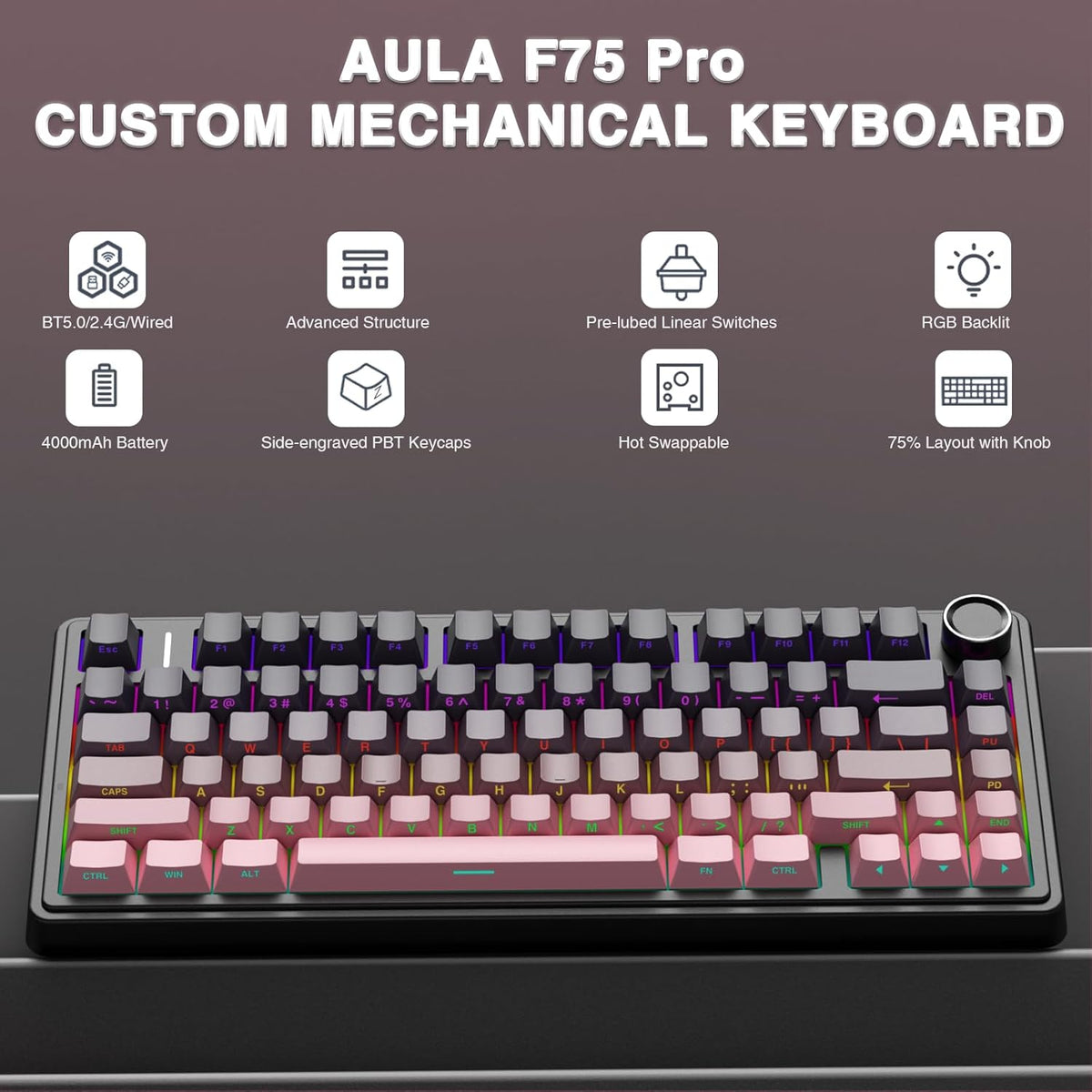 AULA F75 Pro Wireless Mechanical Keyboard,75% Hot Swappable Custom Keyboard,RGB Backlit,Pre-lubed Reaper Switches,Side Printed PBT Keycaps Mechanical Gaming Keyboards, Pink&Black